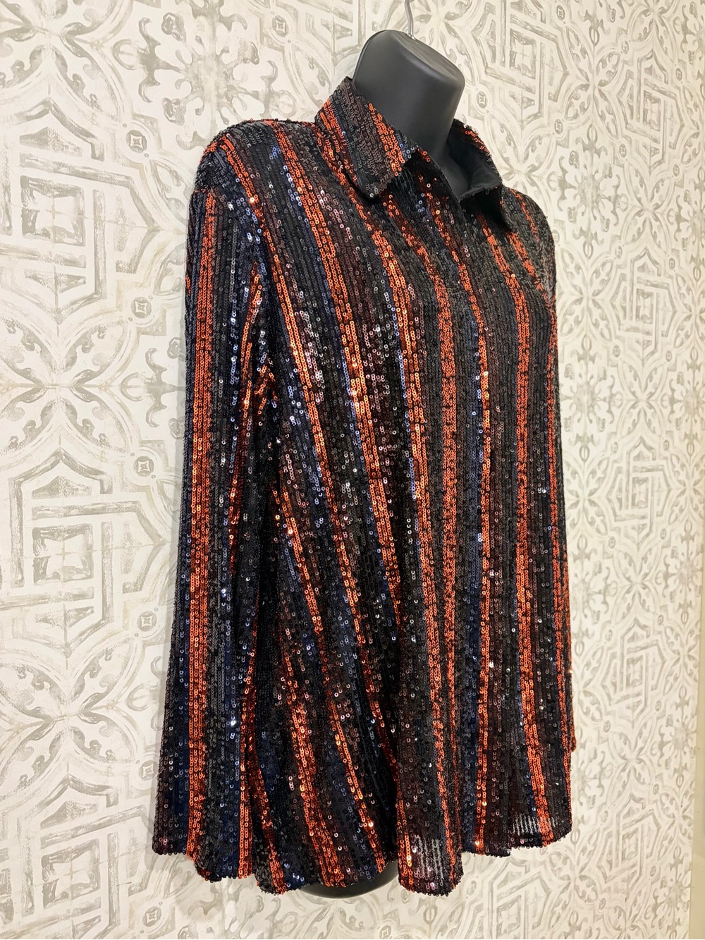 Zara The Abbey Sequined Striped Button-Down Shirt in Black and Copper, SZ S NWOT - Picture 3 of 7